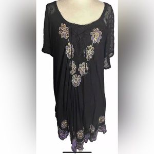 Women’s Black Rayon Embellish Stitch Beach Cover Up Boho Sundress Tunic One Size